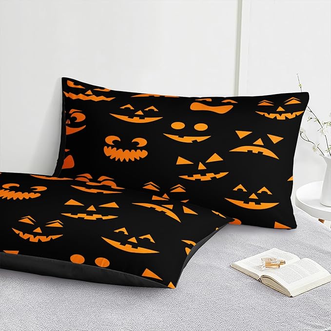 Bedbay Halloween King Comforter Set Black Orange Ghost Bedding Set for Kids Boys 4 Pcs Soft and Breathable Comforter Halloween Room Decor(Orange,King)
