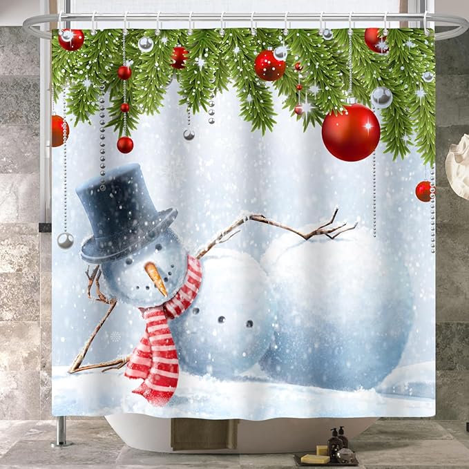 Funny Christmas Shower Curtain for Bathroom Snowman Snowflake Red Christmas Ball Winter Holiday Kids Bathroom Curtain with Hook,72x72 Inch