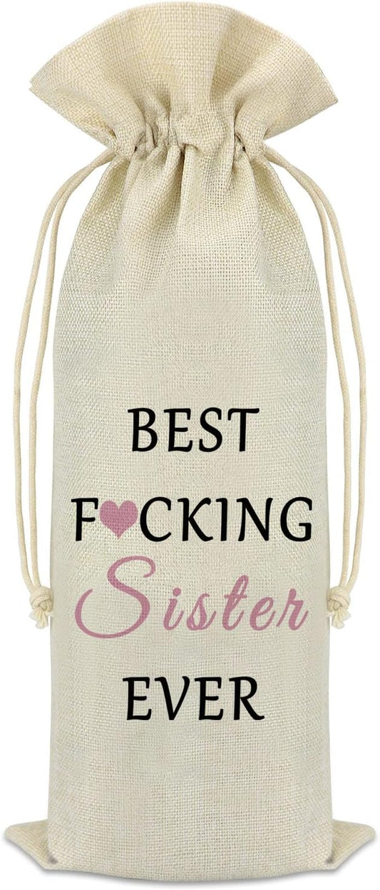 Sister Gifts from Sister Wine Bag Gift for Women Sister Birthday Gift Burlap Reusable Wine Bags with Drawstrings Mothers Day Wedding Graduation Gift for Sister Friends Bestie Friendship Gift