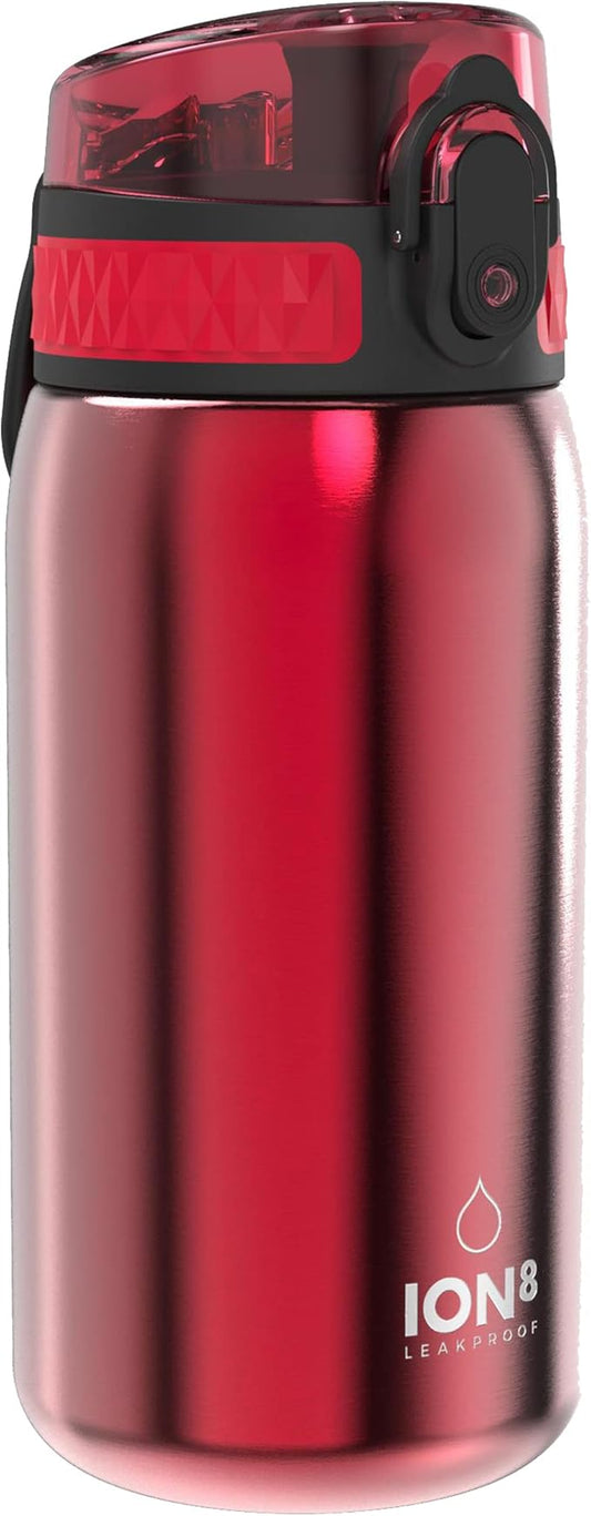 Ion8 Kids Water Bottle, Steel 400 ml/13 oz, Leak Proof, Easy to Open, Secure Lock, Dishwasher Safe, Carry Handle, Hygienic Flip Cover, Odor Resistant, Carbon Neutral, Durable, Metallic Red
