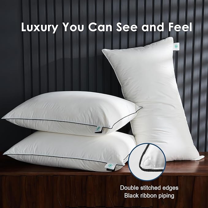 Hotel Feather Pillows Standard Size Set of 2, Hybrid Goose Down Pillow Composite with Mef tek™ Memory Foam, Firm Bed Pillows with Organic Cotton Cover (White,20"x26")