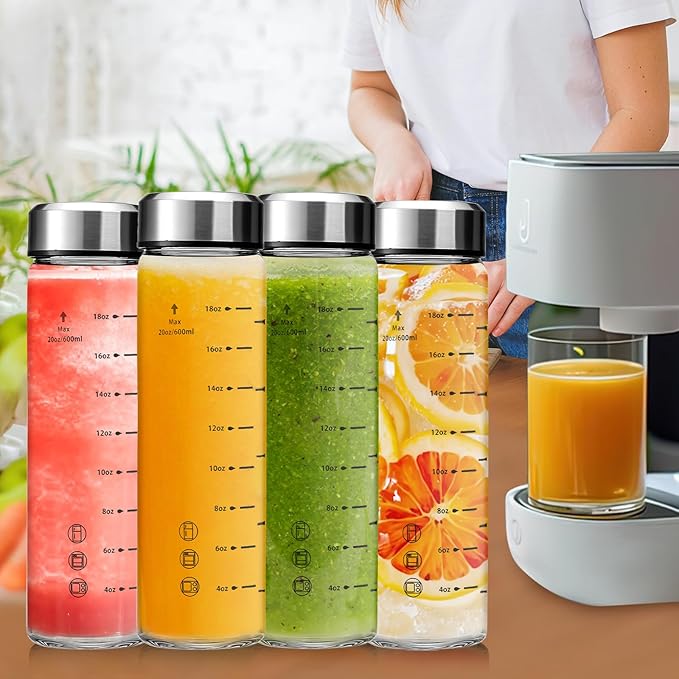 20oz Glass Juice Bottles - 6 Pack Wide Mouth Glass Bottles with Lids- BPA Free, Stainless Steel Lids for Juicing, Smoothies, Infused Water, Beverage Storage - Leakproof, Borosilicate, Clear