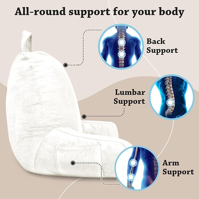 LOVTEX Reading Pillow with Removable Cover, Back Pillow for Sitting Up in Bed with Arms and Pockets, Bed Rest Pillow Adult, 20 x 15 Inches(White)