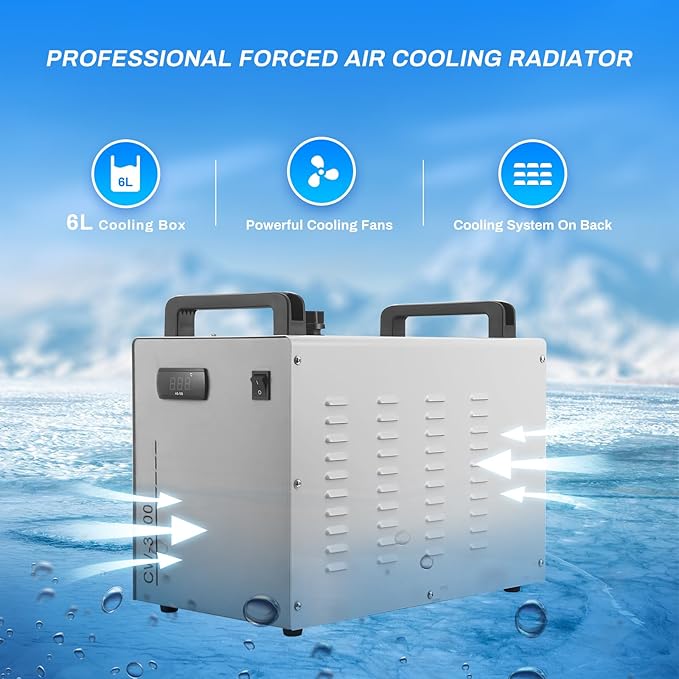 Industrial Water Chiller, CW-3000 Industrial Thermolysis Type Water Chiller, 6L Capacity 2.6gpm Water Cooling System for 40W-80W CO2 Laser Engraving & Cutting Machines, 50W / ℃