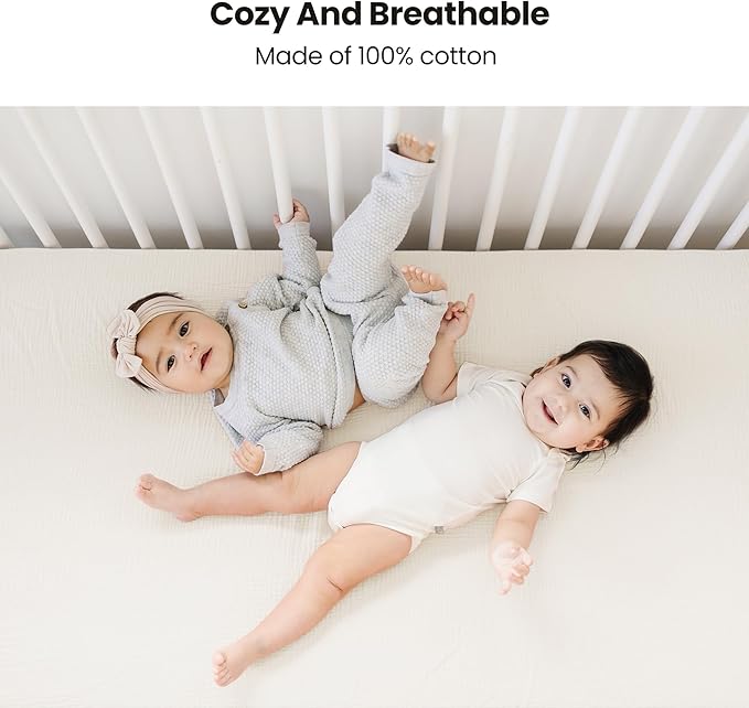 Konssy Muslin Fitted Crib Sheets 100% Cotton Baby Crib Sheets for Standard Crib Mattress (28 X 52 Inches), Soft and Breathable for Boys, Girls (Cream)