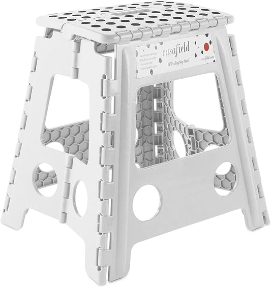 Casafield 16" Folding Step Stool with Handle, White - Portable Collapsible Small Plastic Foot Stool for Adults - Use in The Kitchen, Bathroom and Bedroom