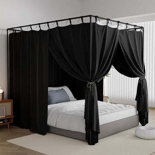 Black Canopy Bed Curtains - 4 Corner Post Bed Curtains Full Size Lightproof Drapes Bed Canopy with Top Ties and Tie Backs for Adults & Girls Bedroom Decoration(Black,Full)