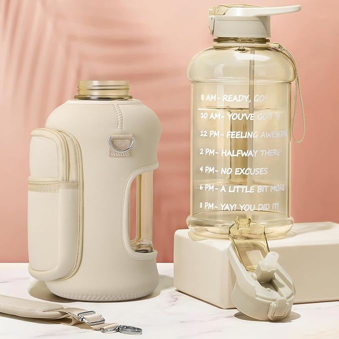 Fimibuke Half Gallon Water Bottle with Sleeve 64 OZ Water Bottle with Handle & Straw Leakproof Motivational Sports Gym Water Bottle with Time Marker BPA Free Water Jug with Reusable Neoprene Holder