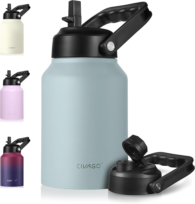 CIVAGO Half Gallon Insulated Water Bottle Jug with Straw, 64 oz Large Stainless Steel Sports Metal Water Flask with Handle, Big Thermal Water Cup Mug with 2 Lids for Camping & Fishing, Sage