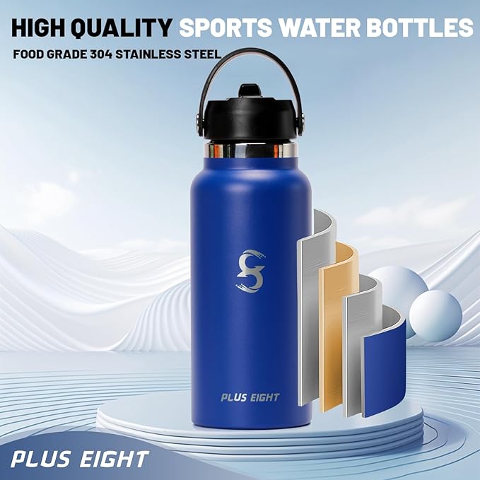 Sports Water Bottle, 32 oz Insulated Water Bottle With Straw, Stainless Steel Water Bottle Wide Mouth for Sports, Gym or Office, BPA-Free Keep Cold 24H Hot 12H (Blue)