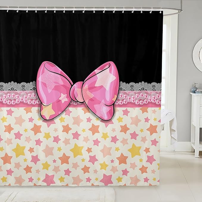 Feelyou Bowknot Shower Curtain 72"x78" Kids Galaxy Starts Print Bathroom Shower Curtain Set for Boys Girls Teens Butterfly Romantic Princess Style Bath Curtain Black Pink Bathroom Accessories