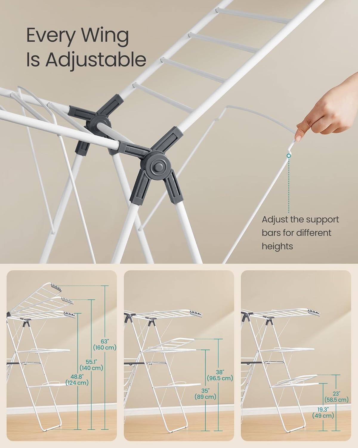 SONGMICS Clothes Drying Rack, Foldable 3-Level Laundry Rack, Free-Standing Large Drying Rack, with Height-Adjustable Wings, 39 Drying Rails, Sock Clips, White and Gray ULLR054W01