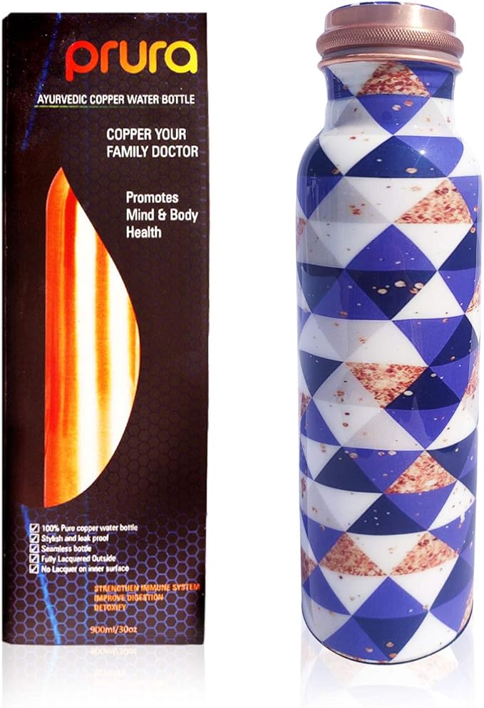 Pure Printed Copper Water Bottle - Leak Proof Ayurvedic Drinkware Copper Vessel for Sports, Gym, Outdoors, Yoga, Health Benefits (30 oz)