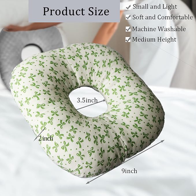 Ear Piercing Pillow for Side Sleepers, Pillow with an Ear Hole for CNH and Ear Pain Ear Inflammation Pressure Sores, O-Shaped Side Sleeping Pillow, Ear Guard Pillow(Green Flower)