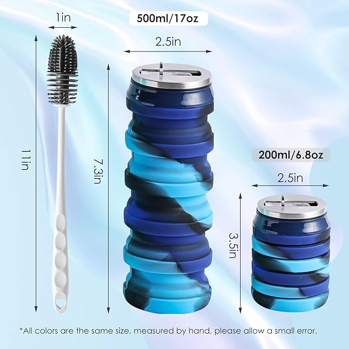 BeHeSo Collapsible Water Bottles with Silicone Brush - Straw Silicone Foldable Water Bottle Reusable Camping Cup Leak Proof Portable Travel Sport Water Bottle-500ml/17oz (Blue Camo)
