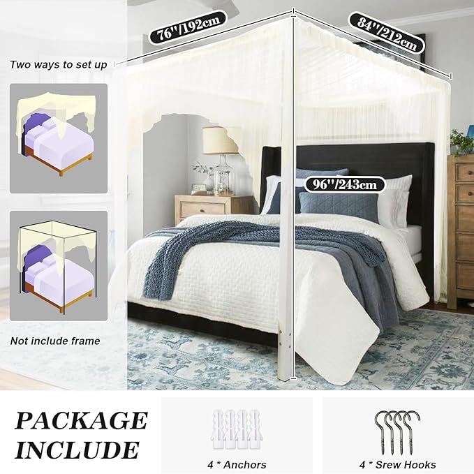 South to East Beige Canopy Bed Curtains, 4 Corner Post Bed Canopy, Top Elegant Bed Drapes for Bedroom Decor, 75D Polyester Mesh, Easy Install, Bed Curtain for King/Queen/Full Size