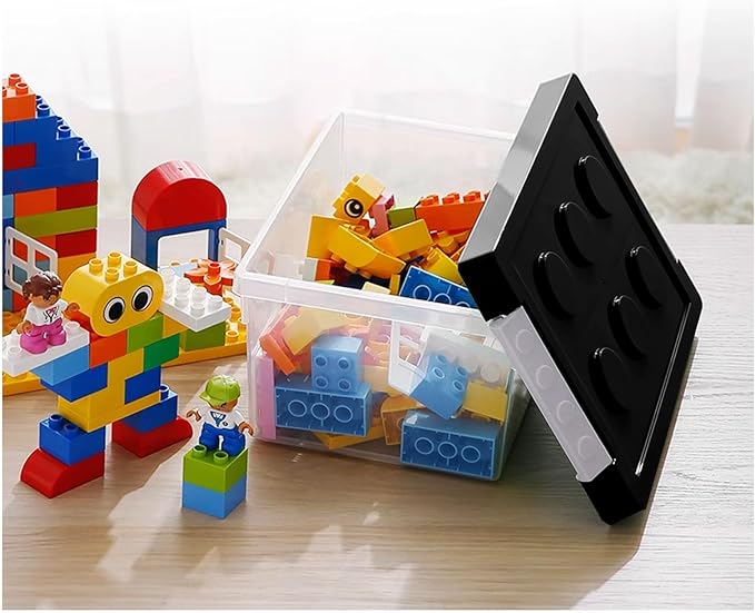 loobuu Plastic Storage Bins with Lids - Stackable Toy Storage Organizer Box Set of 2, Kids Toy Chests with Compatible Building Baseplate and Lid, Storage Container for Building Bricks & Toys- Black