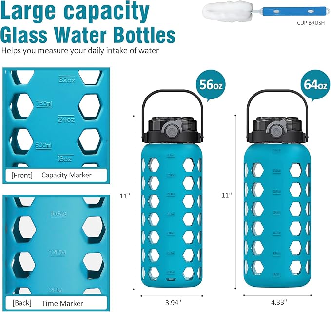 MUKOKO Half Gallon/64 oz Glass Water Bottles with Straw and Lid,Motivational Water Jug with Time Marker Reminder and Silicone Sleeve,100% Leakproof BPA Free Fitness Sports Large Bottle-Teal