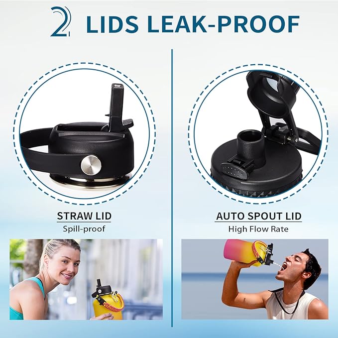 64 oz Insulated Water Bottle - with Straw, Spout Lids, Bottle Sleeve & Paracord Handle, Sports Gym Workout Metal Waterbottle Cold 48H, Hot 24H, Half Gallon Stainless Steel Water Jug Thermo Flask