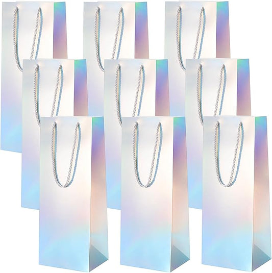 Dunzoom 12 Pcs Iridescent Summer Wine Gift Bags Bulk Holographic Wine Bottle Gift Bag with Handles 14 x 3 x 5 Inch Paper Goodie Bags Wine Bottle Gift Totes for Party Favor Christmas Wedding Birthday