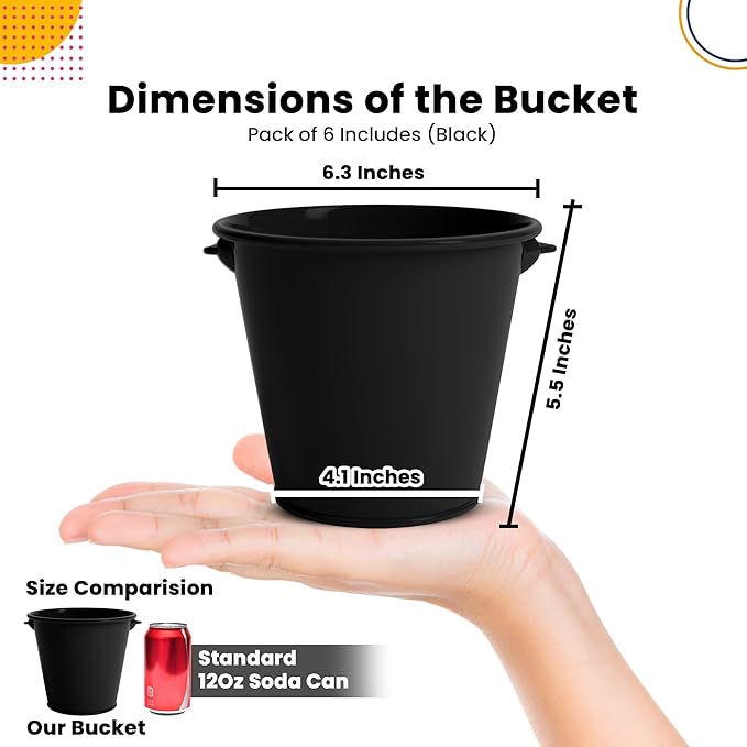 Small Metal Buckets with Handle 6 Pcs – Galvanized Bucket Leak Proof & Rust Resistant 48 fl oz Capacity - Best for Party Décor, Halloween & Decorating Classrooms (Black, Large 6.3" Top)