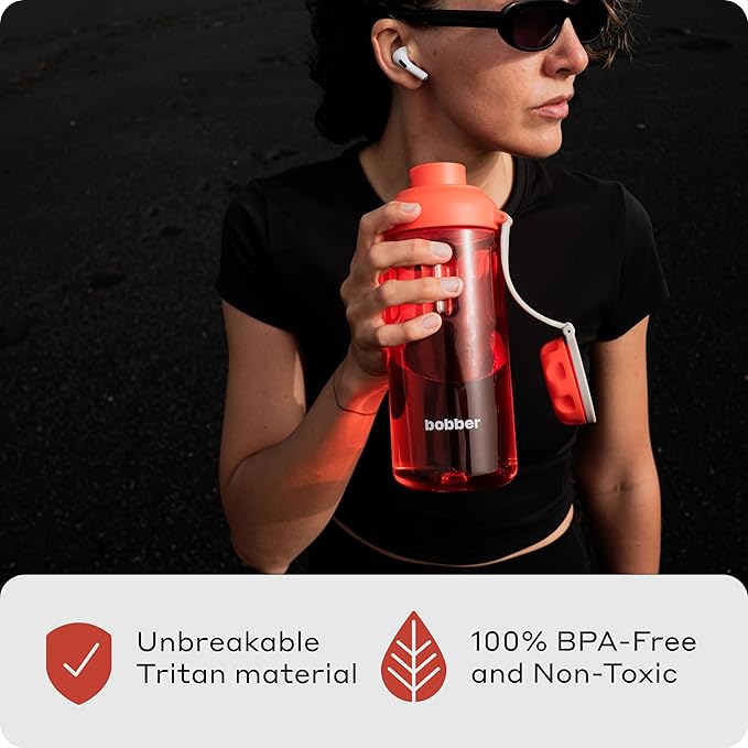 BOBBER 30 oz Tritan Water Bottle with Carry Loop & Fruit Holder, Premium Quality — BPA Free, Dishwasher Safe & Leak Proof, Reusable Wide Mouth Plastic Water Bottle — Large, Refillable, Light (Red)
