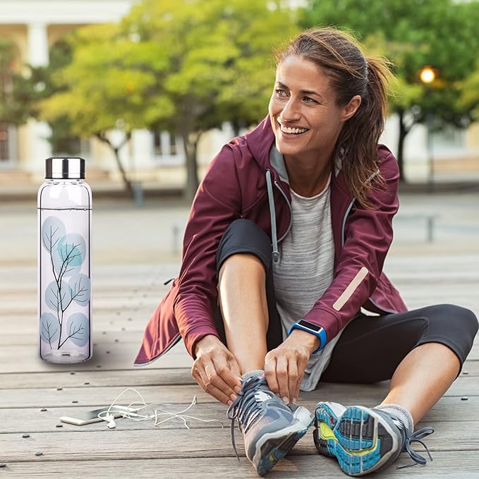 Borosilicate Glass Water Bottle, Sports Glass Drinking Bottle with Neoprene Sleeve and Stainless Steel Lid 16oz / 32oz (32oz, Blue Leaves)