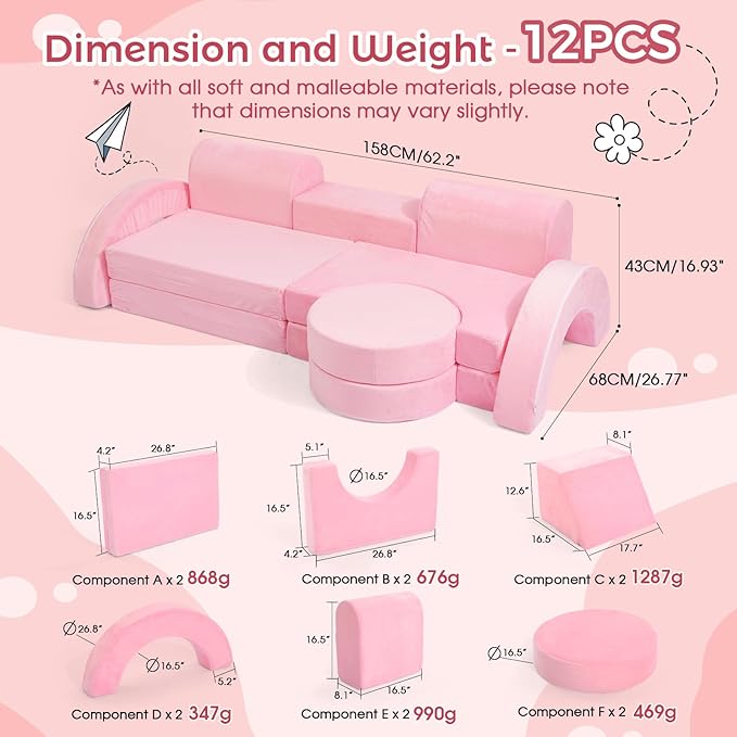 Modular Kids Sofa Play Couch, 12-Piece Kids Couch Sectional Sofa for Playroom Fort Buliding, 3S Instant Rebound and Fully Expand, Versatile Kids Play Couch for Toddler to Teen