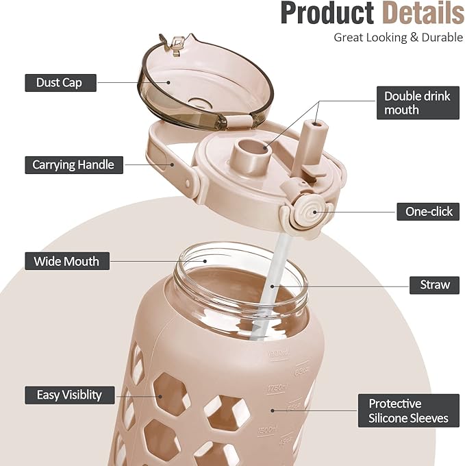 MUKOKO Half Gallon/64 oz Glass Water Bottles with Straw and Lid,Motivational Water Jug with Time Marker Reminder and Silicone Sleeve,100% Leakproof BPA Free Fitness Sports Large Bottle-Amber