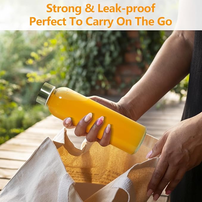 Glass Juice Bottles with Lids for Juicing 18 oz, Reusable Clear Glass Water Bottles with Stainless Steel Airtight Cap for Refrigerator, 100% Leak Proof, BPA Free, Set of 12