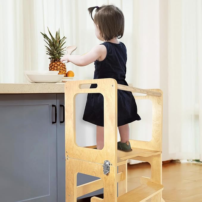 Kitchen Step Stool for Kids 5 in 1 Montessori Kitchen Tower for Kids, Kids Step Stool Standing Tower, Natural Wood