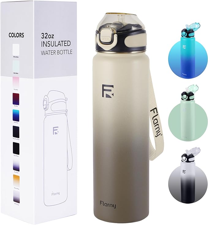 32 oz Insulated Water Bottle with Straw, Stainless Steel Metal Thermos Bottles, Durable Non-Slip Gradient Bottle with Strap for Sports and Travel, Leak Proof (White Gray)