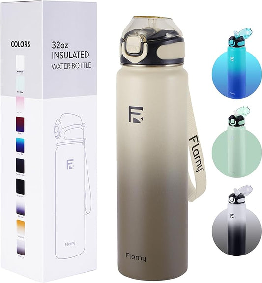32 oz Insulated Water Bottle with Straw, Stainless Steel Metal Thermos Bottles, Durable Non-Slip Gradient Bottle with Strap for Sports and Travel, Leak Proof (White Gray)