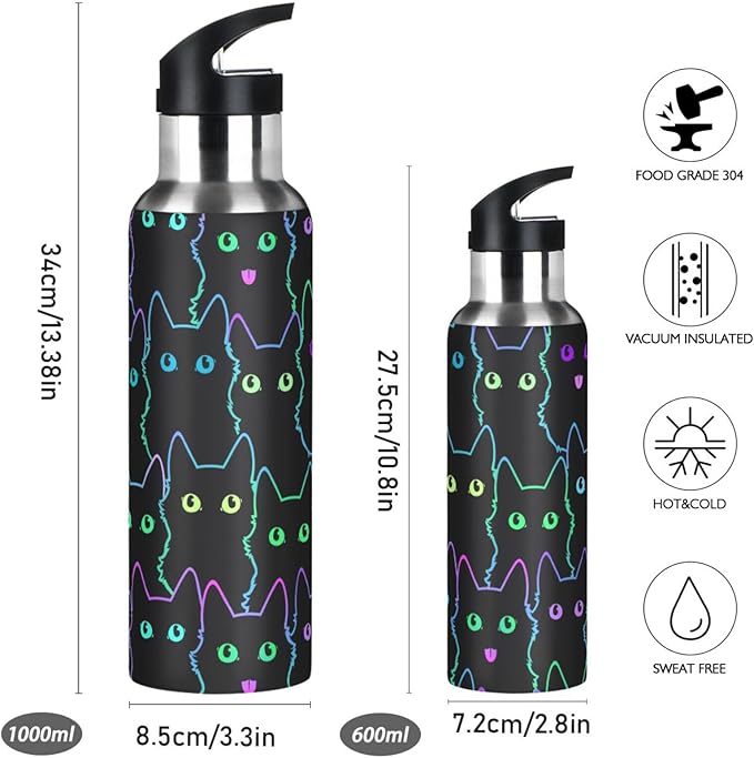 senya 34 Oz Water Bottle with Straw Colorful Neon Cat Stainless Steel Water Bottle for Traveling Sports Leakproof Insulated Water Bottle