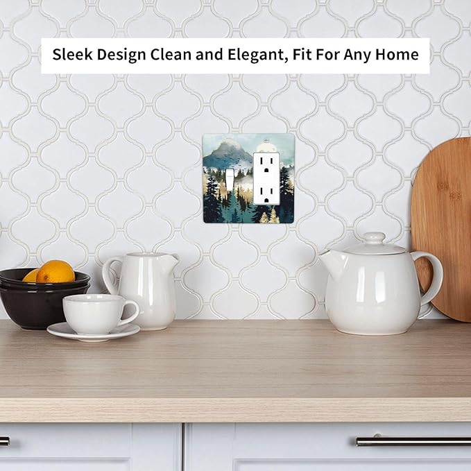 Boho Mountain Forest Abstract Sunset Sunrise Sun 2 Gang Single Toggle Rocker Combination Light Switch Covers Wall Plate Cover Electrical Faceplate Decorative Switchplate for Country Bedroom Decor