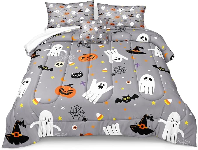 Bedbay Cartoon Pumpkin and Ghost Queen Comforter Set Halloween Cute Bedding Sets for Kids Boys Teen 4 Pcs Soft Lightweight Comforter Set with 1 Cushion Cover(Grey,Queen)