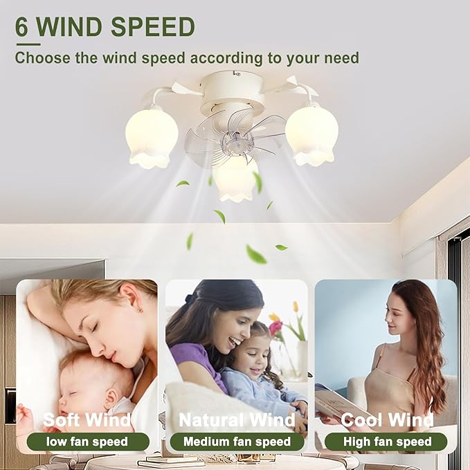 Flower Ceiling Fan with Light: White Flower Fan Lights for Girls Bedroom - Flush Mount Fandelier for Living Room - 3-Light Modern Chandelier with Fan for Home Decor Enthusiasts