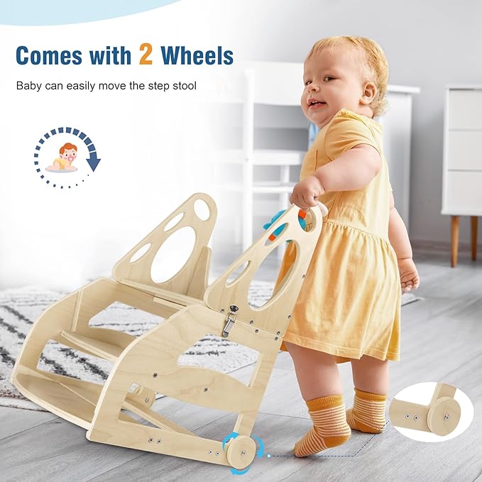 Toddler Step Stool, 2 in 1 Wooden Step Stool for Toddler, Adjustable Toddler Step Stool with Handles and Wheels, Convertible Kids Table and Stool Set
