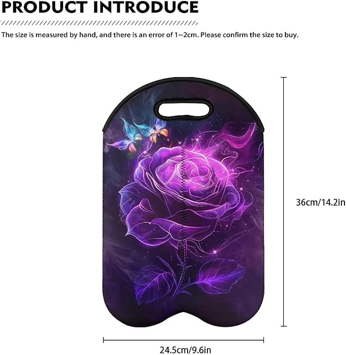 doginthehole Wine Carrier Tote Bag Two Bottle Aesthetic Purple Rose Butterfly Print Neoprene Wine/Water Bottle Holder for Travel with Carry Handle Champagne Bottles Protective Case for Wine Lovers