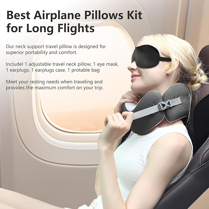 Travel Pillow, Airplane Neck Pillow for Long Flight, Portable Adjustable U Shape Neck Pillow for Sleeping Travel, Airplane Sleep Support, Removable and Washable Pillowcase