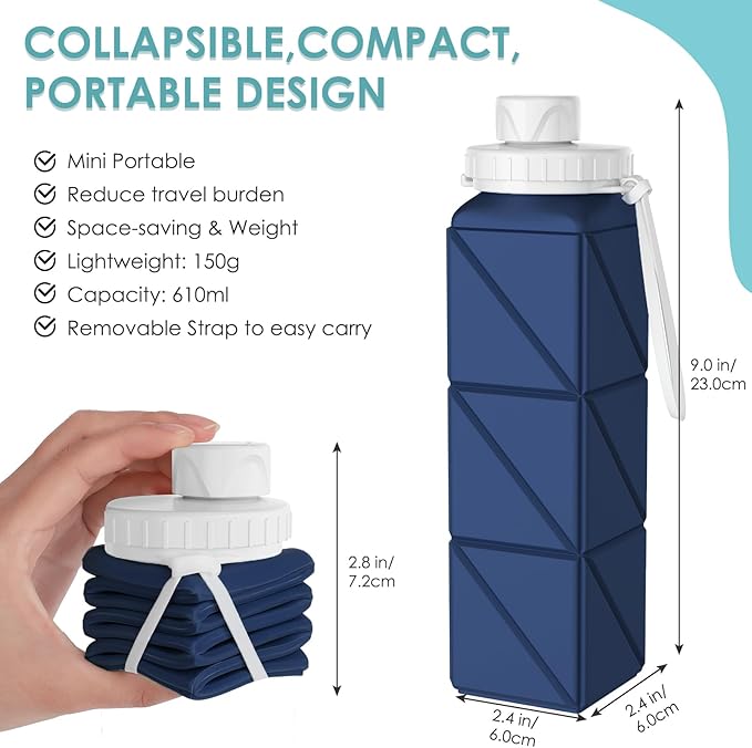 Collapsible Water Bottles,BPA-Free Leak-Proof Silicone Foldable Water Bottle Cup 20.6oz,Durable Lightweight Bottle for Gym Travel Camping Hiking Running (Navy Blue)