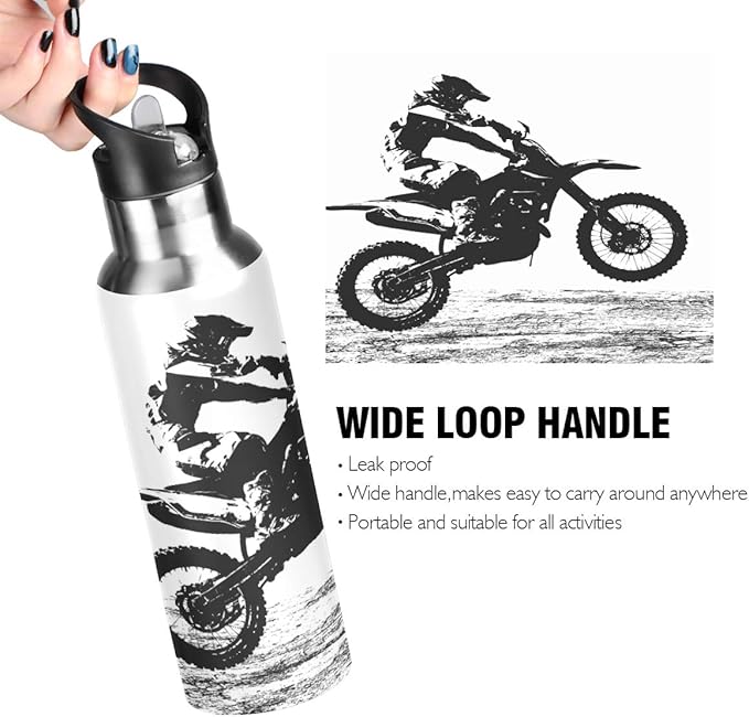 Motocross Rider Water Bottle with Straw Lid for Fitness Gym Camping Outdoor Sports, Wide Mouth Vacuum Insulated 18/8 Stainless Steel, 22 oz