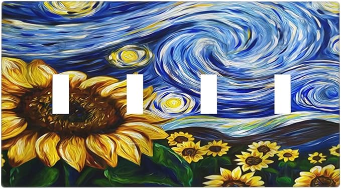 Vintage Abstract Blue Starry Sunflower Quad Toggle Light Switch Covers 4 Gang Wall Plate Decorative Switchplate Electrical Faceplate for Farmhouse Country Bedroom Decor