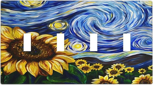 Vintage Abstract Blue Starry Sunflower Quad Toggle Light Switch Covers 4 Gang Wall Plate Decorative Switchplate Electrical Faceplate for Farmhouse Country Bedroom Decor