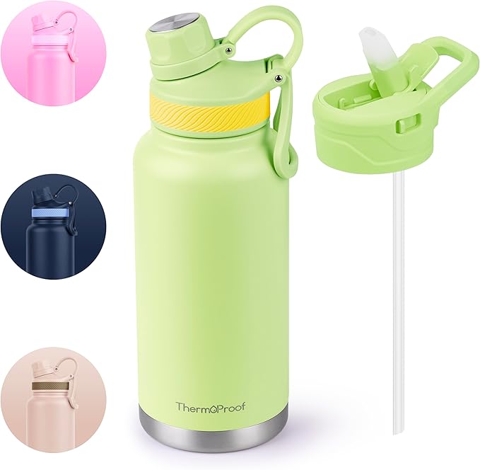 ThermoProof Double-Walled Vacuum Insulated Stainless Steel Water Bottle - Wide Mouth Canteen with Spout & Straw Lids, Dishwasher Safe, Reusable, Leakproof, BPA-Free - 32oz, Fresh Mint