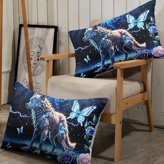 AILONEN Wolf Fitted Sheet Set Queen Size, Blue Lightning Wolf Butterfly Safari Wolf Bed Sheet Set,3 Pieces Teen Boys Sheet Set,Cool Wolf Fitted Sheet with 2 Pillowcases