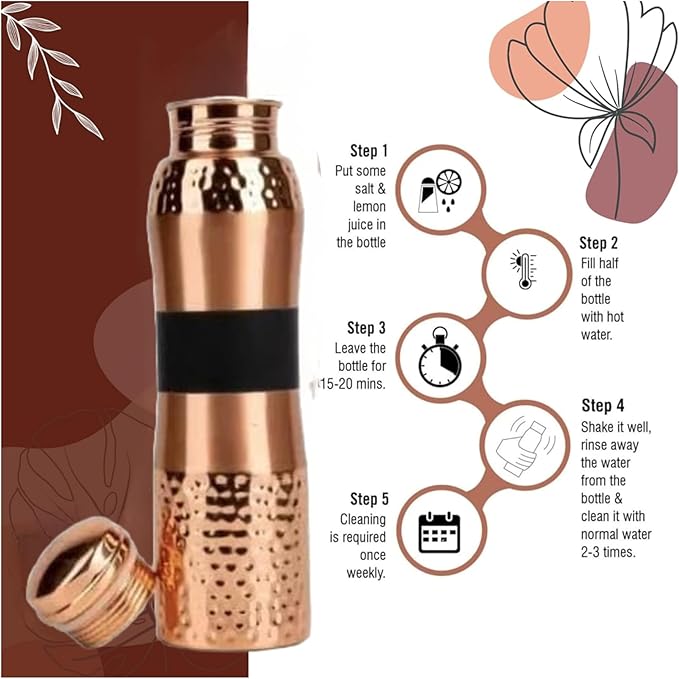 Natureverr Hammered Copper Water Bottle 1000ml, Water Bottle with Stylish Look and Advanced Leak Proof Cap, BPA Free Reusable Bottle for Home, Office, Hotel and Gifting