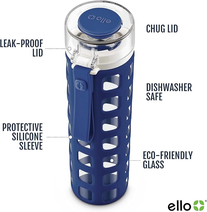 Ello Syndicate Glass Water Bottle with One-Touch Flip Lid and Protective Silicone Sleeve and Carry Loop, BPA Free, Dishwasher Safe,20oz