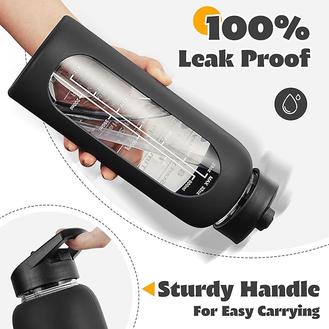 SIEROZUR 32 oz Glass Water Bottle with Straw and Handle Large Sports Motivational Water Bottle with Time Marker and 2 Lids, Leakproof Reusable Water Jug with Silicone Sleeve for Gym