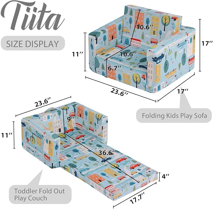 Tiita Kids Couch Fold Out, Toddler Sofa Bed Chairs, 2-in-1 Kids Couch Plush Chair, Folding Children Sofas to Lounger, Toddler Comfy Armrest Chair Bed Sofa for Girl or Boy, Car